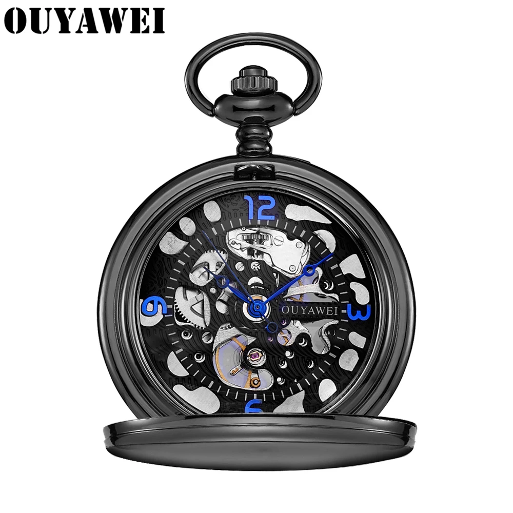 Черная прозрачная задняя крышка Механические карманные часы для мужчин и женщин