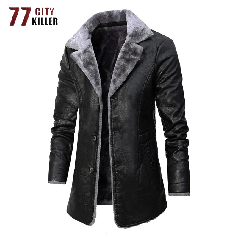 

Winter Business Leather Jacket Men Wool Lining Windbreaker Casual PU Faux Leather Coats Mid-Long Style Mens Outwear Size S-4XL