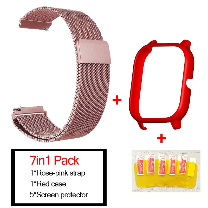 rose pink-red 7в1 умные часы аксессуары для Huami Amazfit GTS ремешок из нержавеющей стали магнитный браслет для Amazfit gts чехол Защитная пленка - Цвет: rose pink-red