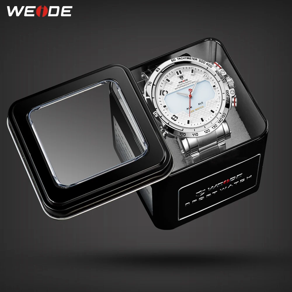WEIDE Часы мужские LED Аналоговый двойной Дисплей сигнализации назад легкие спортивные Военное Дело часы большой циферблат Нержавеющая сталь ремешок кварцевые часы