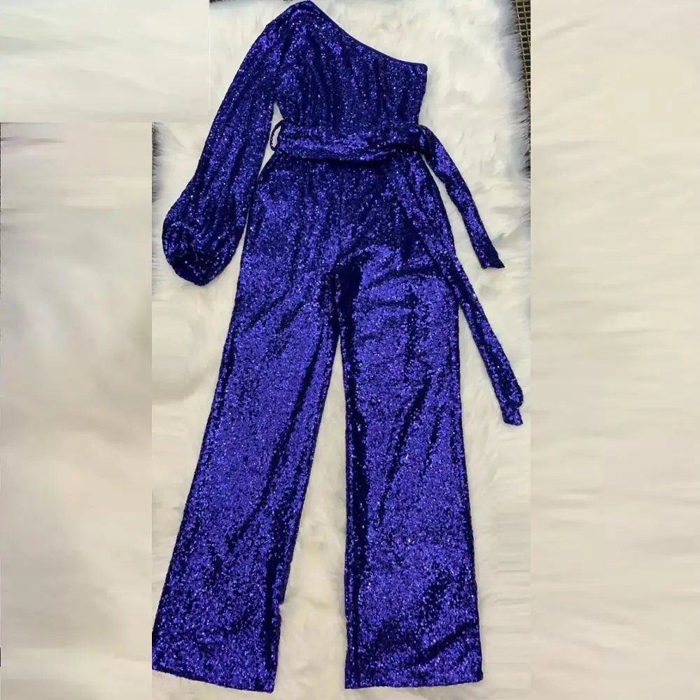 

2020 New Fashion Show Style Collection Chic Shiny Sequin One Shoulder Party Outfit Women Jumpsuit Wholesale Oline