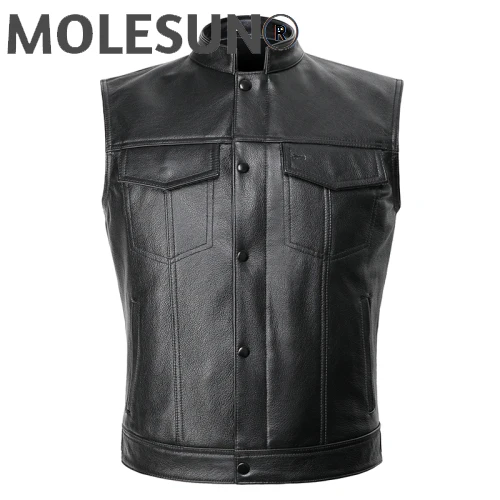 

AKOOSUN Men's Genuine Leather Jacket Men 100% Cow Leather Vest Short Motorcycle Jacket Waistcoat Casacas Para Hombre 2021 KJ5098