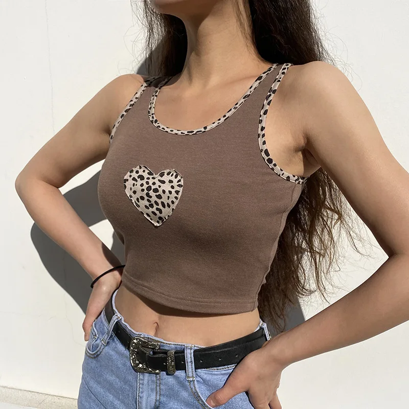 

Women Retro Brown Y2K Crop Tops Tees Ladies Summer Fashion Casual Vest Street Sexy Patchwork Leopard Print Sleeveless Tank Tops