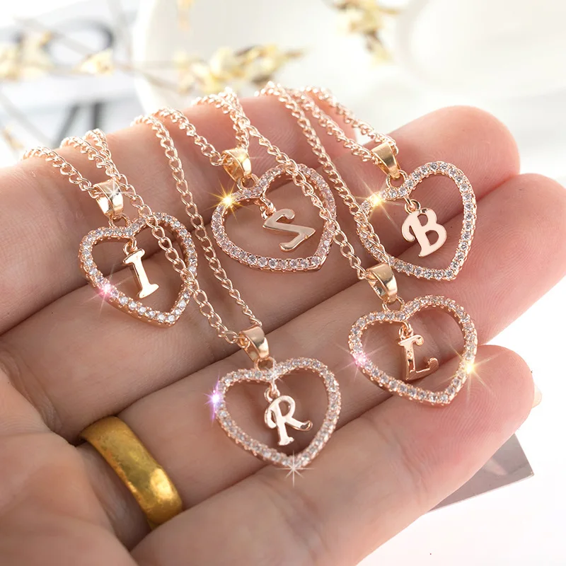 

26 Letters Zircon Love Necklaces for Women Girls A-Z Letter Name Initials Heart Pendant Necklace Initial Alphabet Womens Jewelry