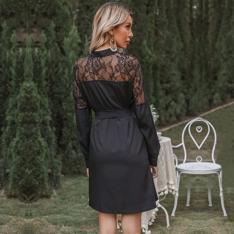 

2021 Spring Summer New Solid Color Half Neck Stitching Lace Long Sleeve Shirt Short Dress Women's Casual Single Breasted Dresses