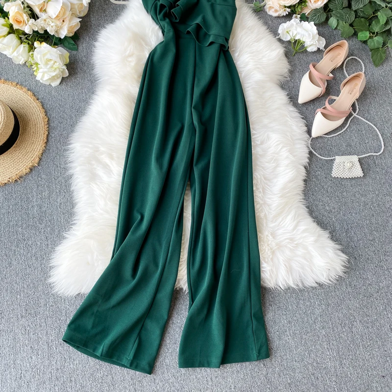 

Slim Ruffles sexy off shoulder Jumpsuit Summer Full Length Playsuit Casual Women spaghetti strap beach holiday Romper
