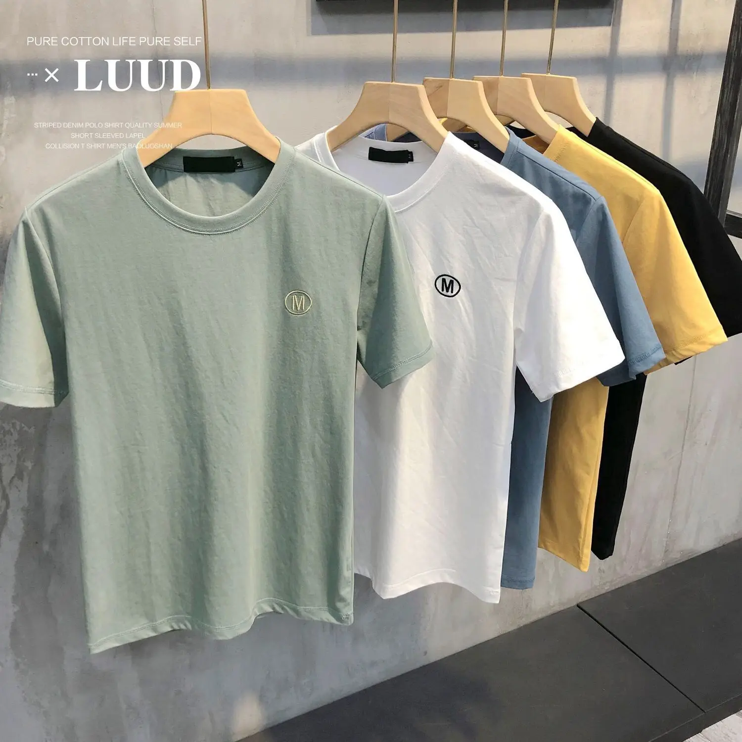 

Embroidered short sleeve t-shirt men's letter slim youth round neck mercerized cotton half sleeve top