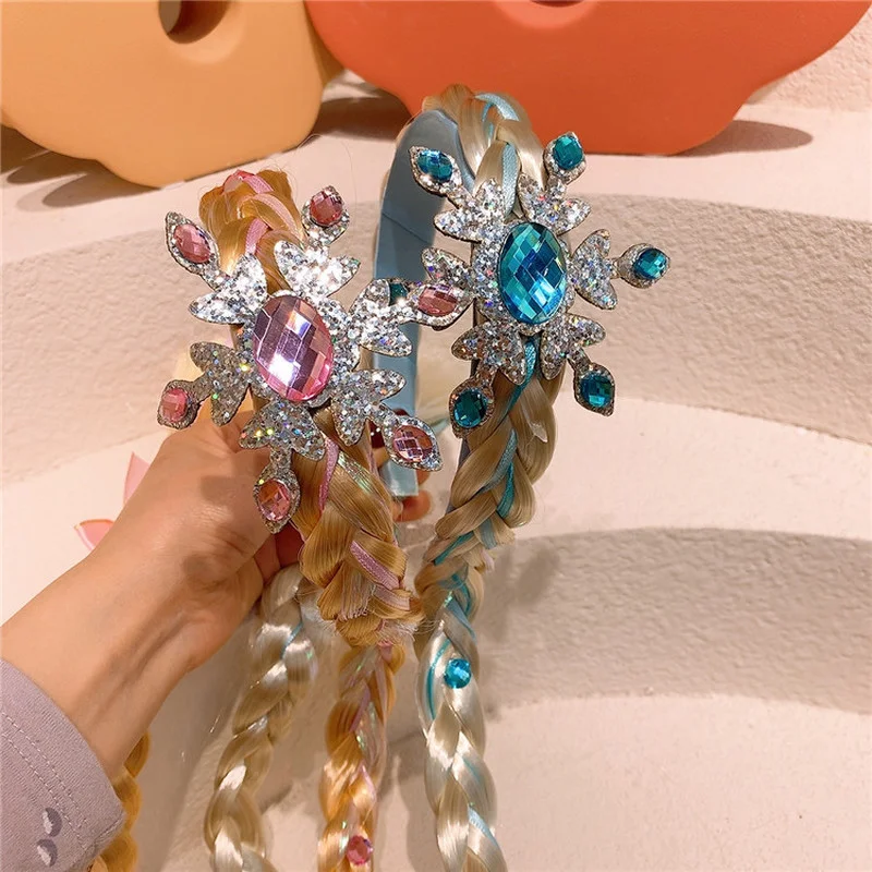 

Детская повязка на голову с короной ледяной принцессы 2021, милый парик для девочек, длинная тесьма с бантом, повязка для волос для милых девоч...