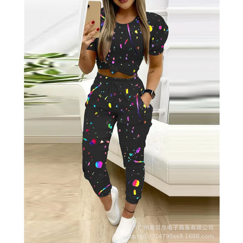 

WEPBEL Two Pieces Set Women Tracksuit Summer Fashion Colorblock Puff Sleeve Crop Top & Pocket Design Drawstring Pants Set