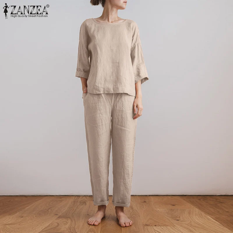 

Two Pieces Solid Long Pants Sest ZANZEA Autumn Women's Sets Casual O Neck 3/4 Sleeve Blouse Matching Sets Loose Suits Homewear