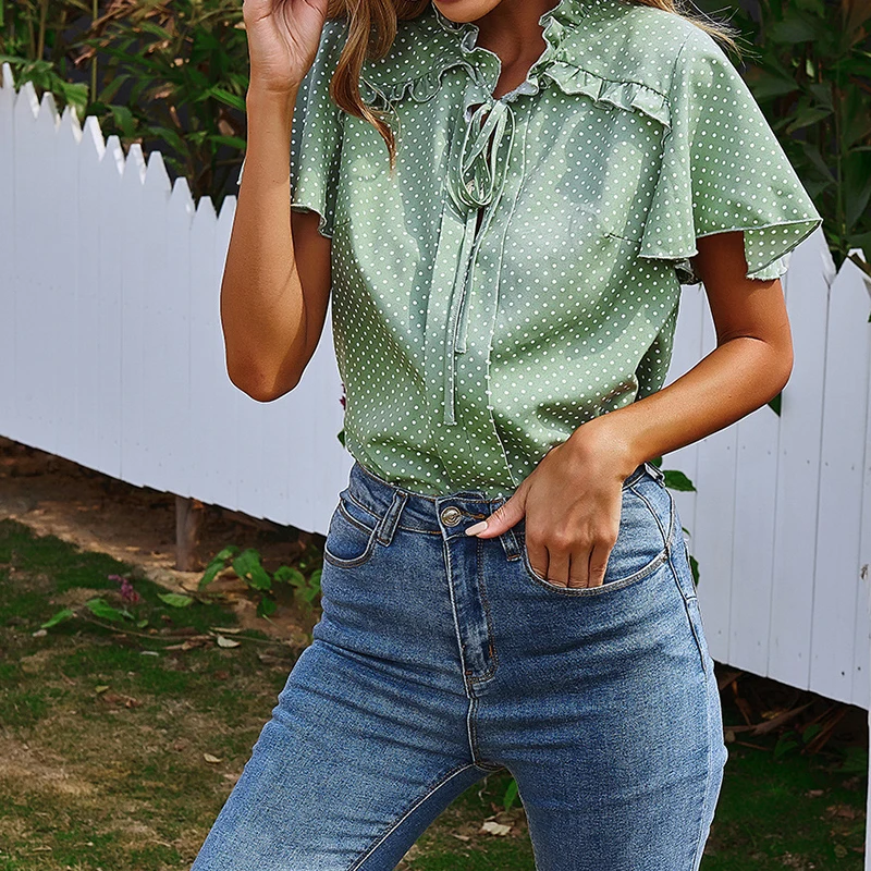 

Blouse Women Elegant Shirt 2021 Summer Polka Dot Print Short Sleeve Ruffle Bandage Casual Slim Harajuku Blusa Ladies Top SJ8362C