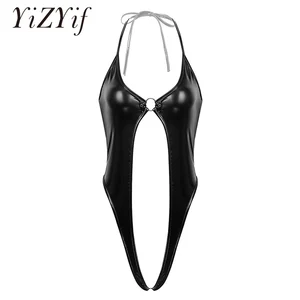 Женское нижнее белье, цельный Блестящий металлический боди с воротником-хомутом и вырезом спереди, низкая спина, стринги, трико, боди, ночное белье