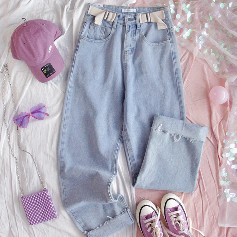 Милые джинсы Студенческие Брюки для девочек подростков Свободные повседневные