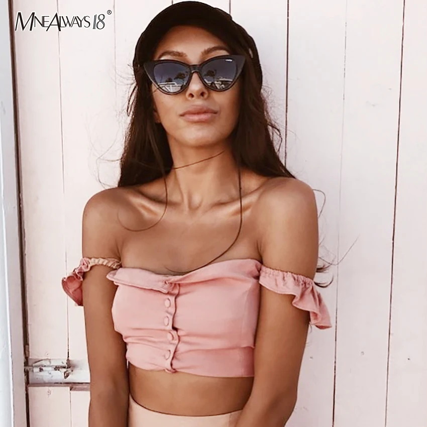 Женский топ на пуговицах Mnealways18 розовый укороченный с оборками и открытыми