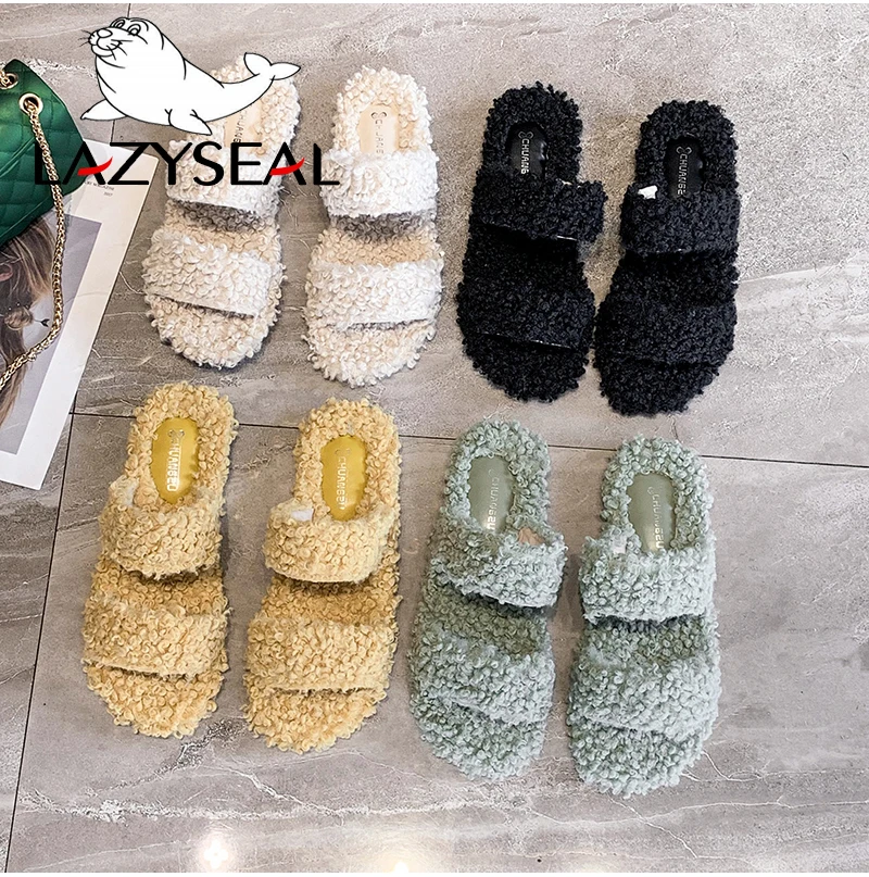 LazySeal; цветные домашние тапочки с натуральным мехом; женская обувь; женские шлепанцы без задника на плоской подошве; женские пушистые домашние шлепанцы; пушистая плюшевая обувь