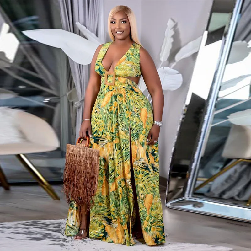 

Plus Size Women Long Dress Print Sleeveless V-neck Hollow Out Bandage Splited Maxi Dresses Sexy Fashion Vestidos Summer Outfits
