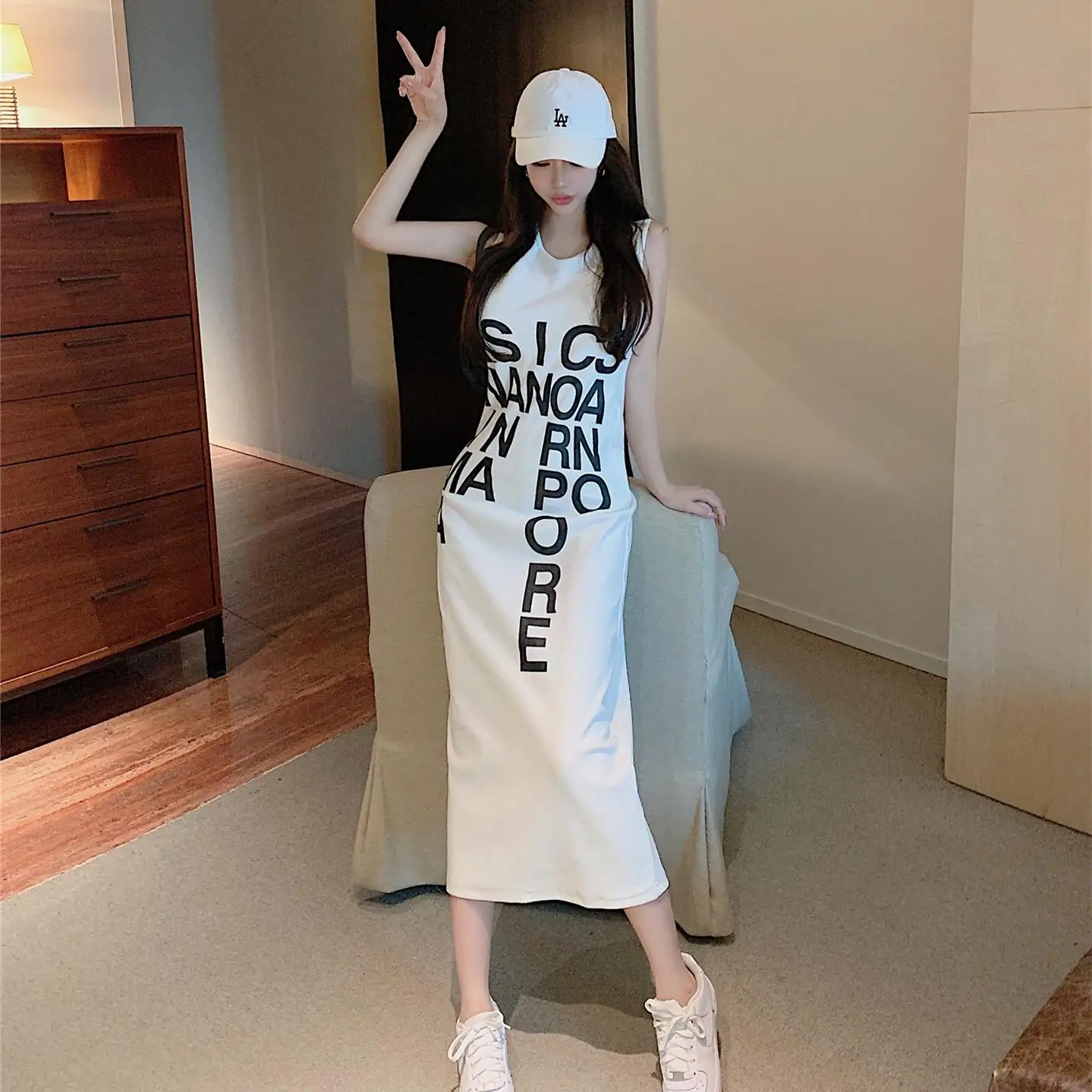

Summer Sleeveless O Neck Long Dress Women Solid Casual Elegant Robe Letter Print Maxi Dresses Vestidos