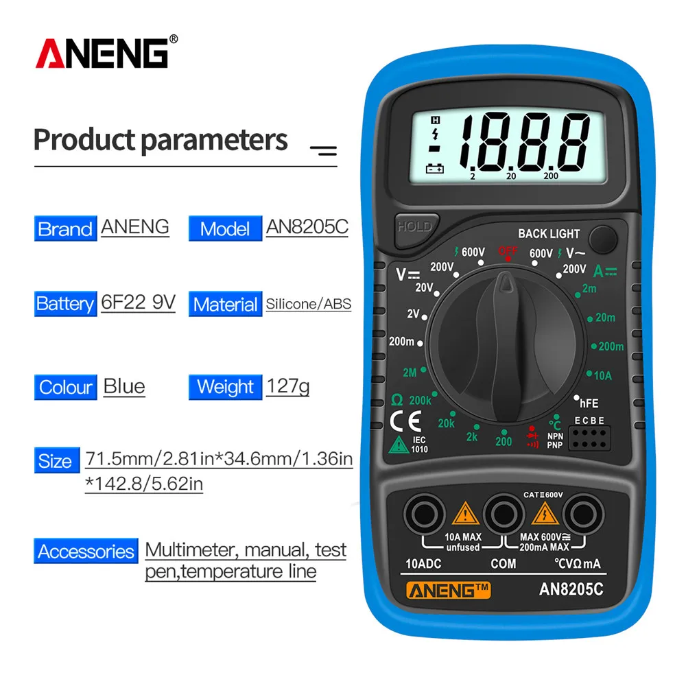 ANENG AN8205C Цифровой мультиметр Амперметр переменного/постоянного тока Вольт Ом