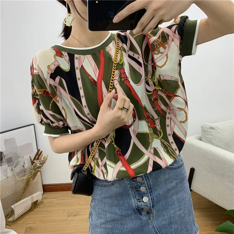 

Шелковые топы Женская футболка зеленая цепочка цветочный Повседневный короткий рукав тутового размера плюс 2020 Весна Лето Высокое качество...