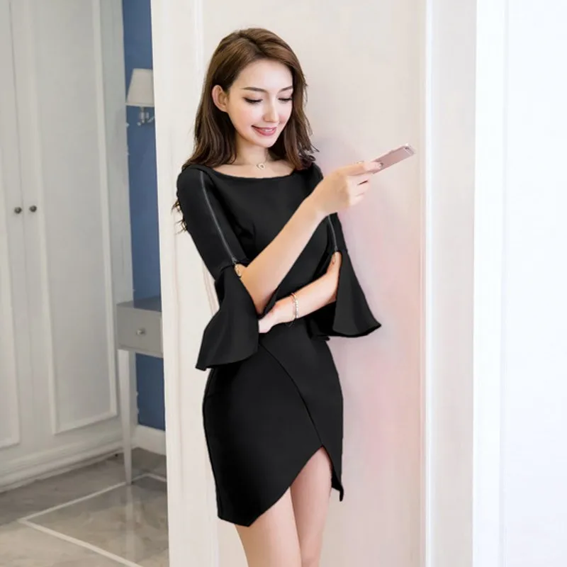 

New Brand Womens Zipper Fly Flare Sleeve Irregular High Waist O-Neck Slim Fit Sheath Sexy Night Club Ladies Wrap Dresses