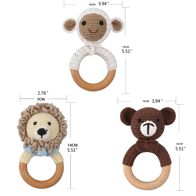 

Baby Wooden Teether Ring DIY Crochet Animal Rattle Infant Teething Nursing Soother Molar Toys for Newborn
