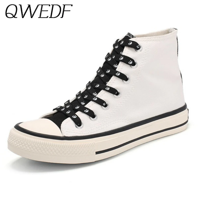 Женские холщовые кроссовки Белые Повседневные на высокой платформе со шнуровкой