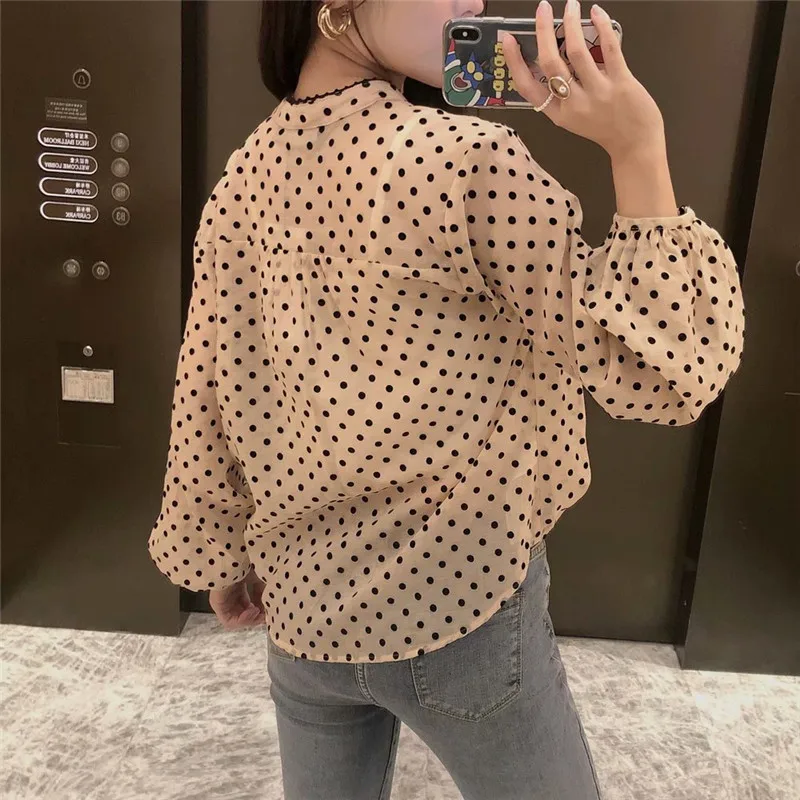

2020 Za Polka Dot Print Blouse Women Long Puff Sleeve O Neck Fashion Loose Top Female Elegant Front Lined Button Shirt