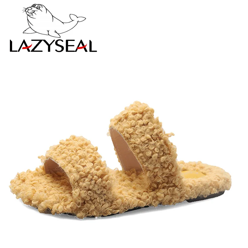 LazySeal; цветные домашние тапочки с натуральным мехом; женская обувь; женские шлепанцы без задника на плоской подошве; женские пушистые домашние шлепанцы; пушистая плюшевая обувь - Цвет: Yellow
