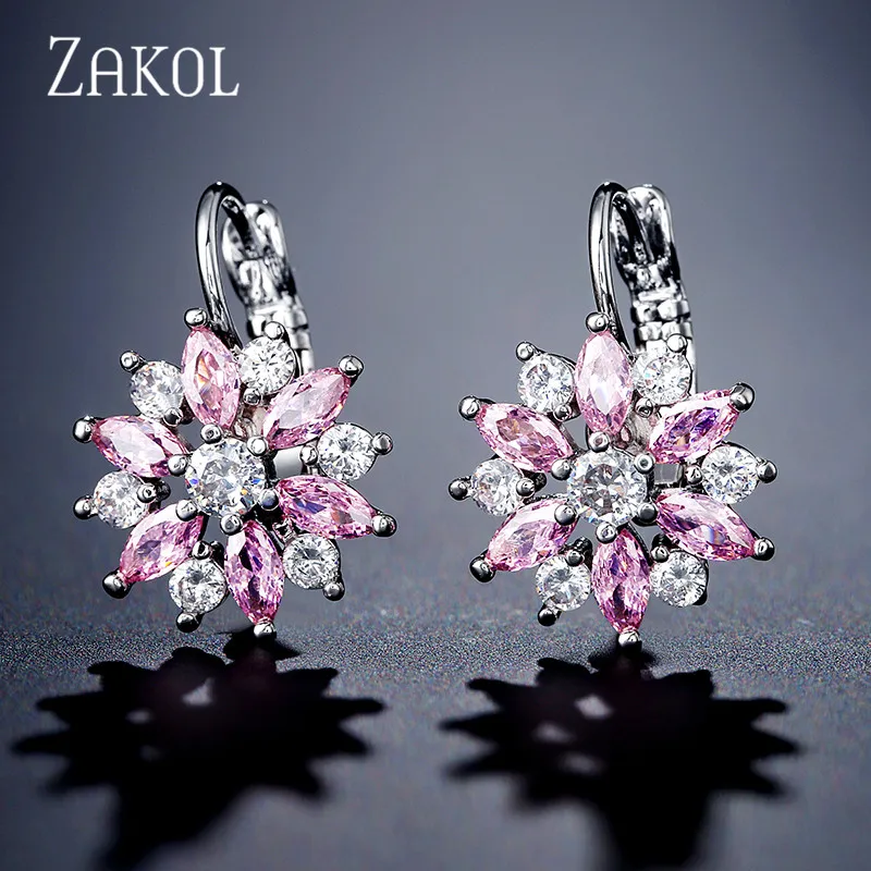 Pink ZAKOL Мода розовое золото Цвет цветок обруч серьги кластера прозрачного хрусталя циркония серьги для Для женщин ювелирные Brincos FSEP609 - Окраска металла: Pink