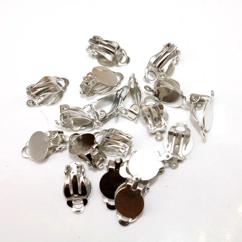 

50pcs Round Base Clip On Earring Flat Pad Findings For Diy Earring Making Accessories have hole Rhodium With Loop Clasp