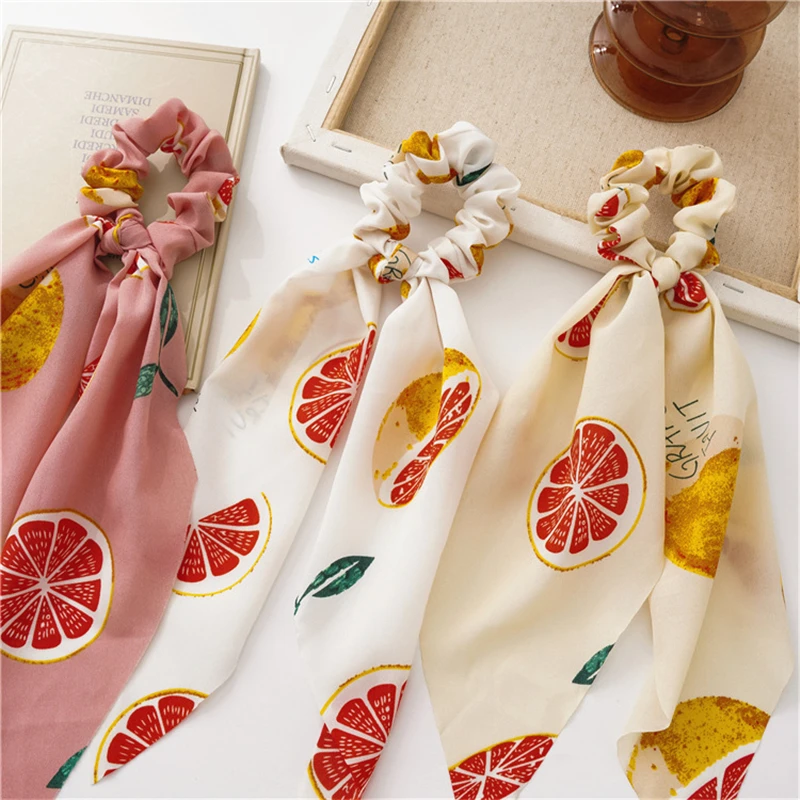 

Little Fresh Girly Fruit Print Chiffon Bow Hair Rope Long Ribbon Elastic Rubber Bands Women Ponytail Fashion Hair Accessories