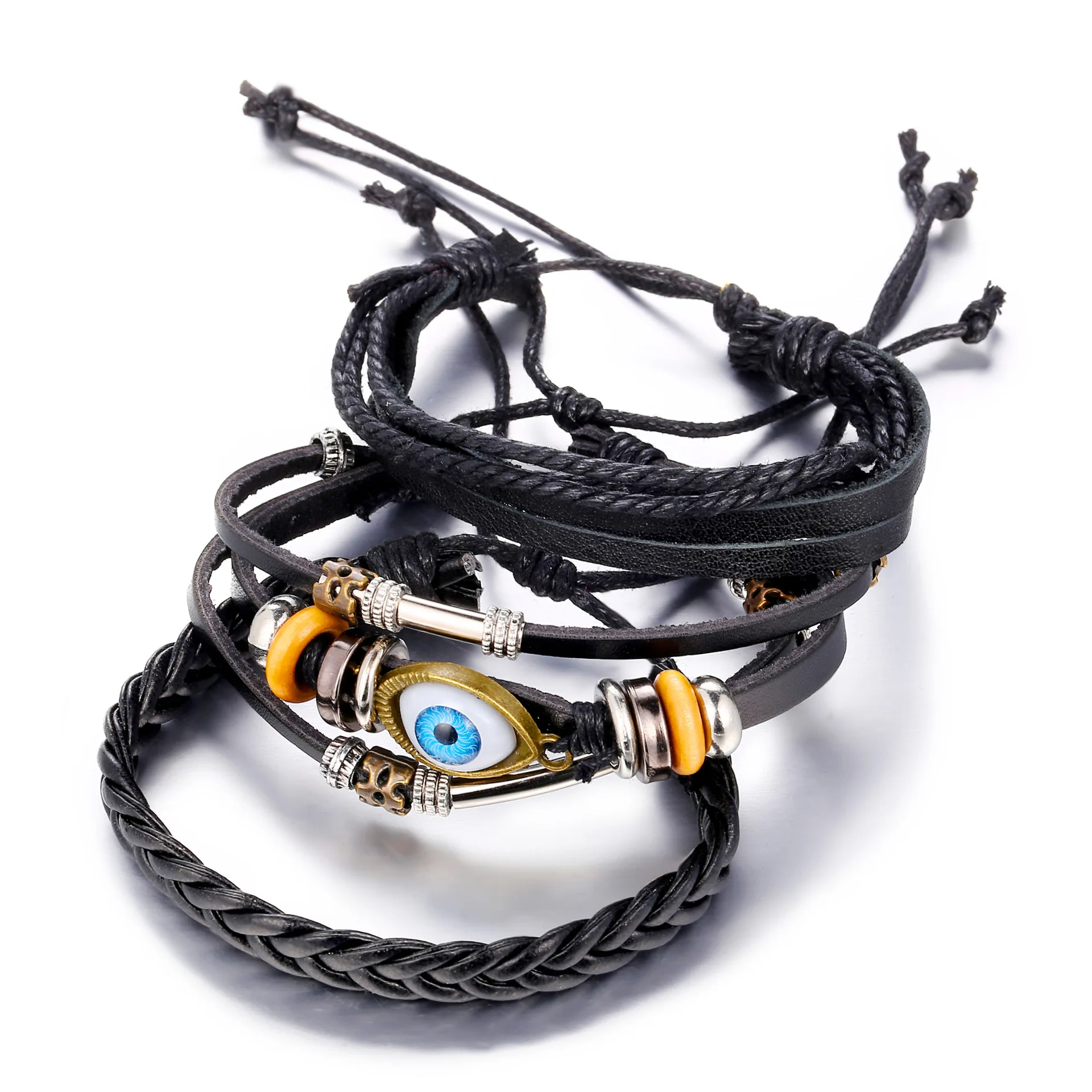 

2021 New Fashion 3 Pcs Setmulti-layer Black Woven Leather Bracelet For Men Retro Eyes Charm Wristband Jewelry Gift