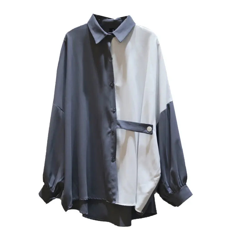 [EWQ] Spring Autumn New Lapel Long Sleeve Hit Colors Patchwork Single Breasted Vintage Shirt Women Blouse Femals AH189