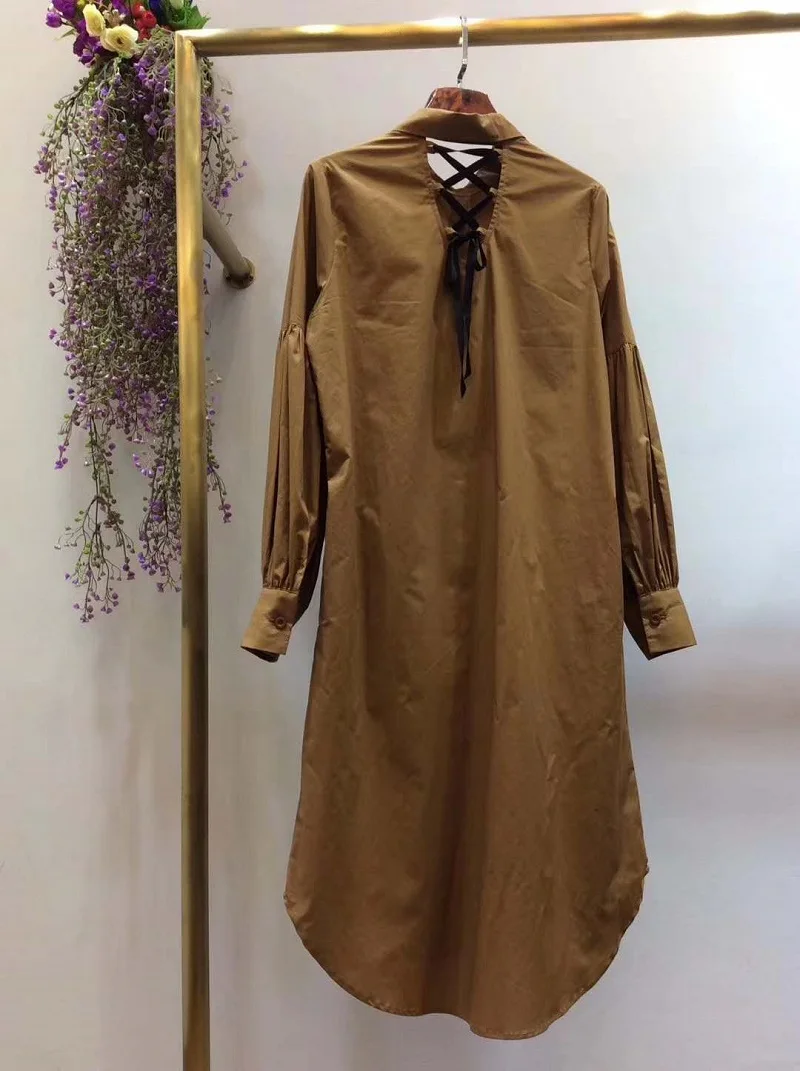 

Summer 2021 Spring Fashion Long Shirt Dress High Quality Ladies Turn-down Collar Appliques Embroidery Long Sleeve Dress Brown