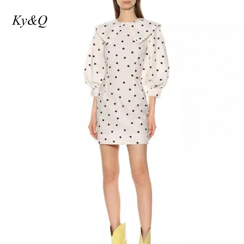 

Women 2020 Sweet Fashion elegant vintage Chic Lapel White Wave point Mini Dress Vintage Lapel Collar Puff elbow Sleeve Female
