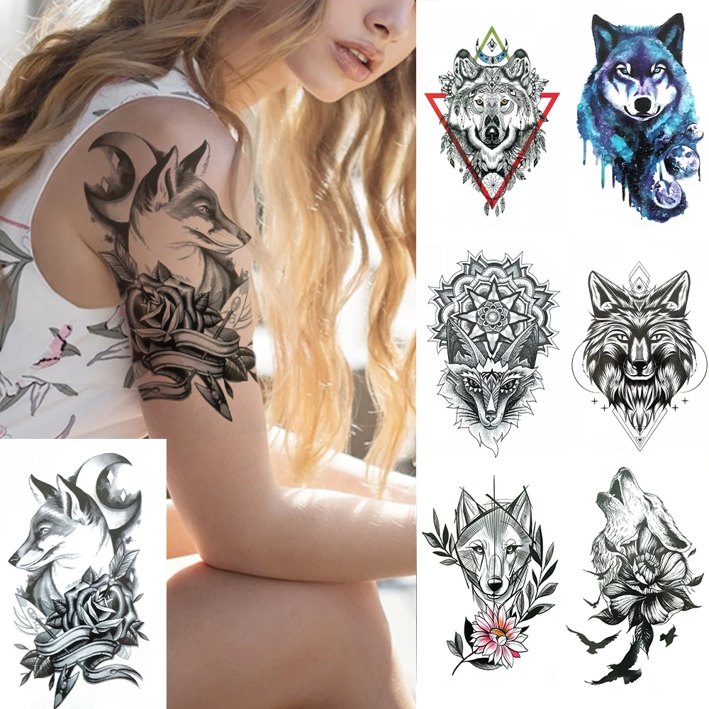 

Black Wolf Temporary Tattoos For Women Men Mandala Henna Lion Tattoo Sticker Creative Geometric Coyote Fake Tatoo Sheets Art Arm