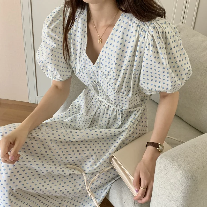 

QOERLIN Sweet High Waist Polka Dot Dress Women Summer Puff Sleeve V Neck Bandage Dresses Female White Midi Vestidos Mujer 2021