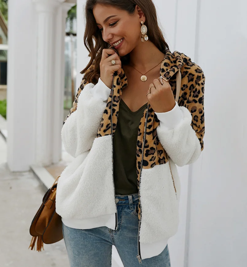 Женское пальто с леопардовой вставкой и плюшевым мишкой женская зимняя мягкая