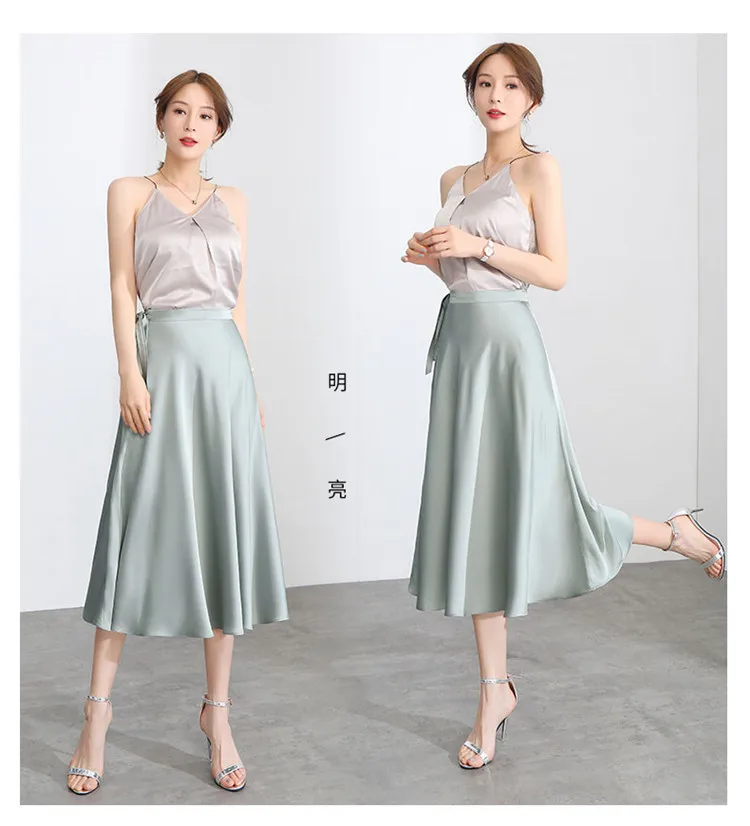 

2021 Summer New Silk and Satin Skrit Women Fashion High Waist Slim Casual Elegant A-line Plus Size Holiday Beach Mid-long Skirts