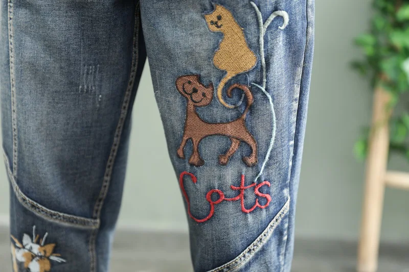 

M-XL Dark Blue Harem Jeans Cute Cat Embroidery Elastic Waist Harem Fashion Denim Pants