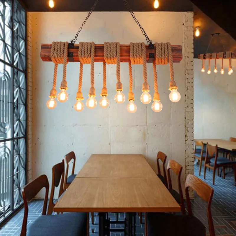 Lámpara colgante de cuerda de cáñamo industrial retro, luz de madera, 10 cabezales, para cafetería, bar, loft, sala de estar, comedor