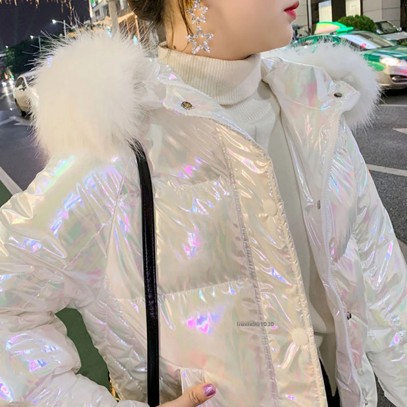 Winter Women Coats Fur Collar Windproof Bright Diamond Long Thick Warm Zipper Parkas 2021 Jacket Hooded Streetwear MY295 | Женская