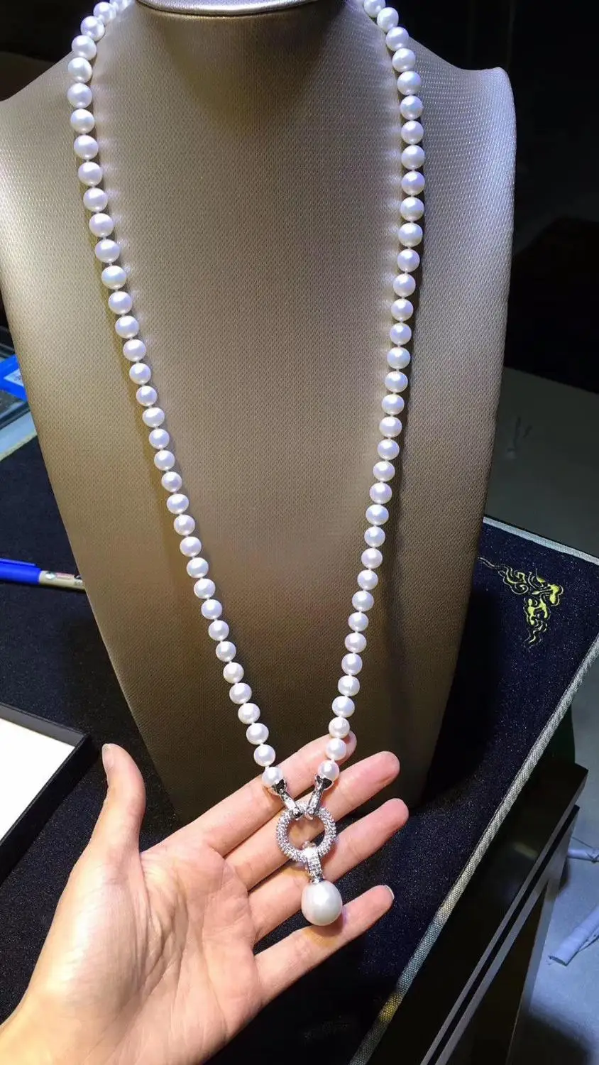 

Великолепное Круглое Белое жемчужное ожерелье с подвеской ЮЖНОГО МОРЯ 9-10 мм 24 дюйма