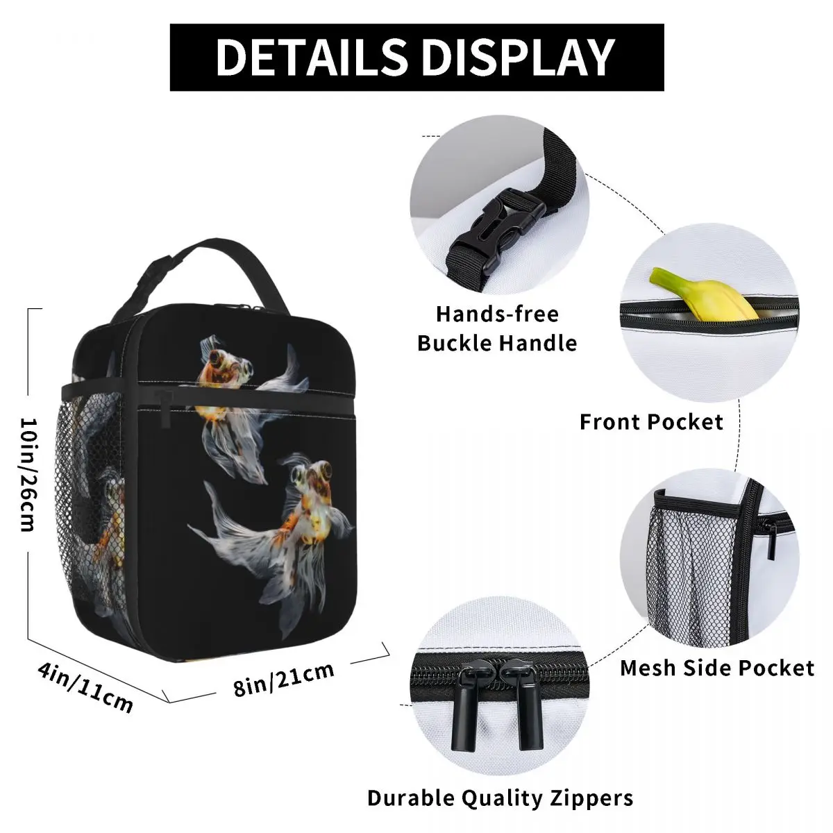 

Goldfish Isolated On Black Lunch Bag for Women Men Large Insulated Lunch Box with Water Bottle Holder and Pockets