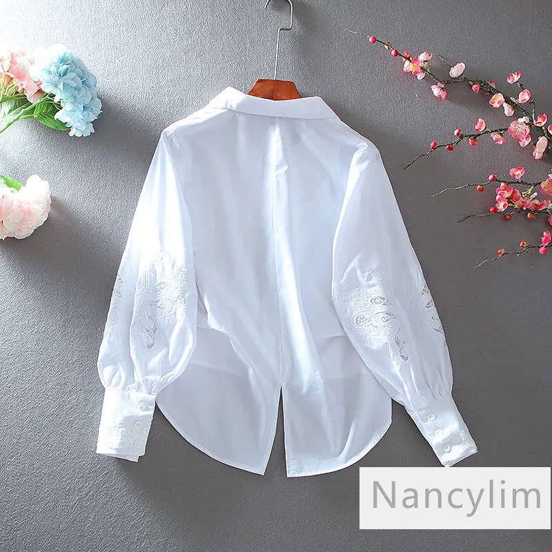 Dame Coton Pur Blanc Chemise Femmes Broderie Creuse Tout-Match Taille Haute Décontractée Lâche V-Cou Blusas Femme Printemps été