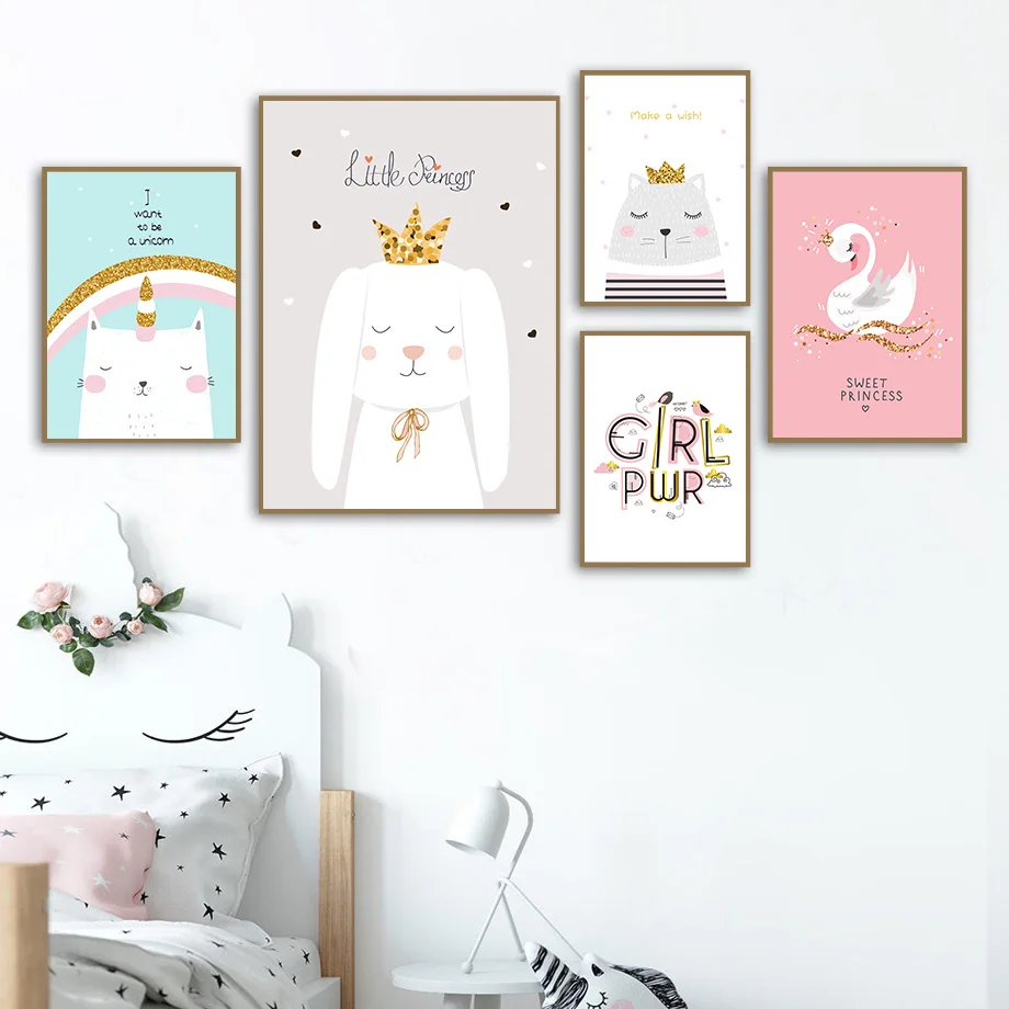 

Cute Unicorn Bunny Cat Swan Crown Rainbow Quote Wall Art Canvas Painting Nordic Posters And Prints Wall Pictures Kids Room Decor