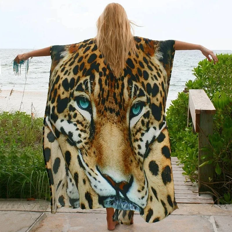 New Style Bikini Cover-Ups Tiger Print Cardigan With Belt Beach Dress Wild Sun Protection Clothing Swimwear Outer for Woman