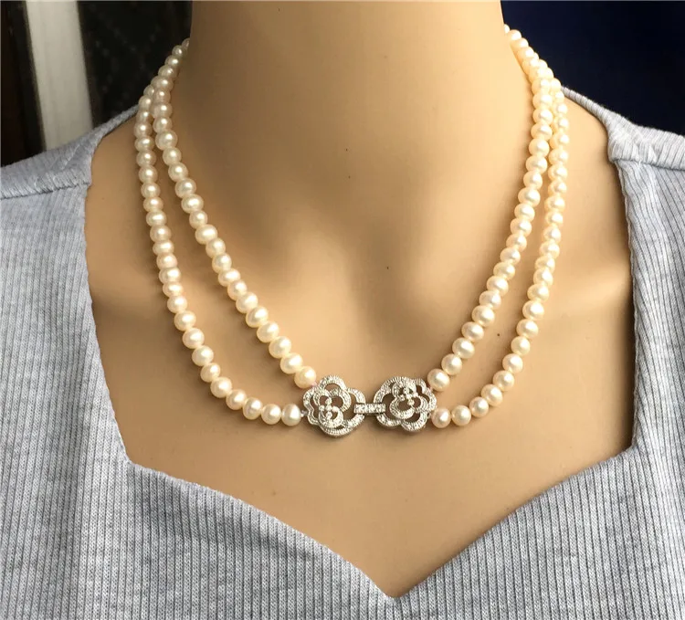 100% natural 7-8mm white freshwater pearl Hand knotted 43-48cm double necklace Rare jewelry | Украшения и аксессуары