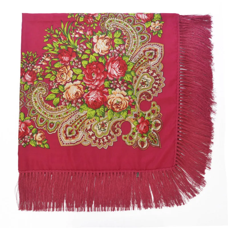 Fuchsia Бабушка украинские шарфы для России, большой прямоугольный шарф с цветочным рисунком в стиле ретро хлопок волосы голова Обёрточная бумага хиджаб шарф с кисточками зимние хлопковые шаль - Цвет: Fuchsia