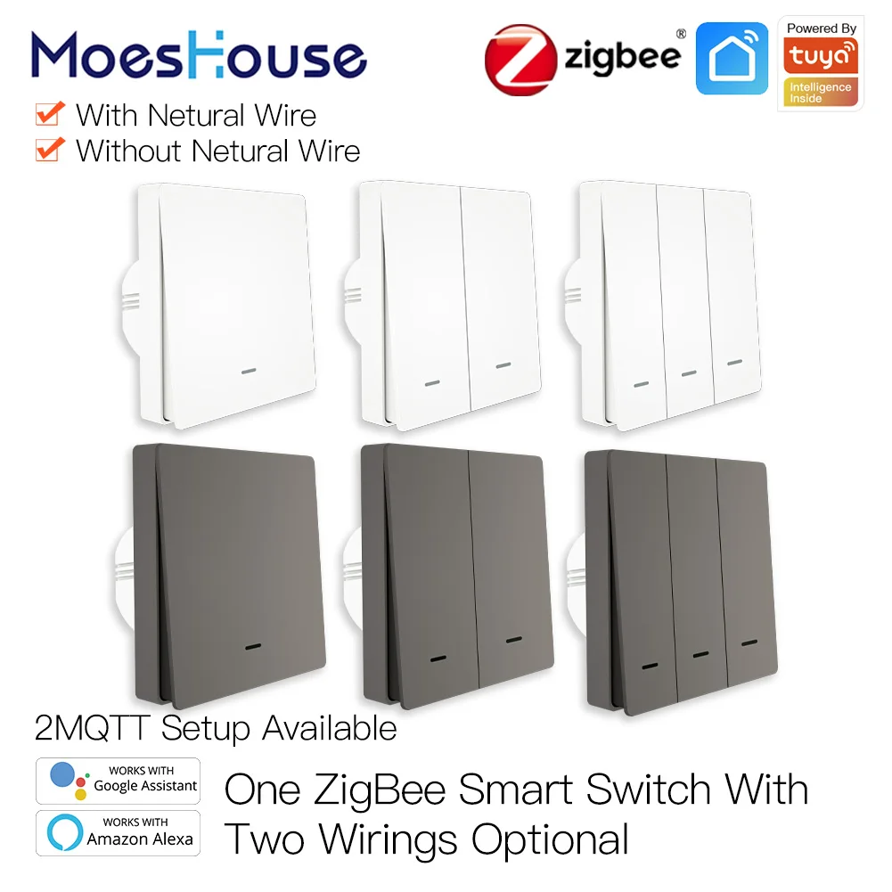 Interruptor de luz inteligente Tuya ZigBee, sin cable neutro, sin condensador, vida inteligente, 2/3